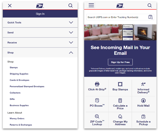 postal store navigation on mobile